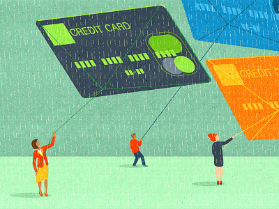 Credit History banking conceptual credit card editorial illustration kites money people personal finances storm textured textures