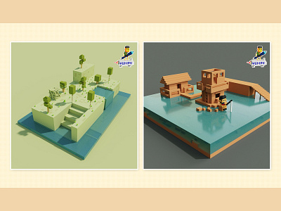 Tree assets creation and small fishing boy scene 3d illustration low poly magicavoxel voxel voxel art