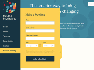 Mindful Psychology Website Screenshot booking booking form branding button form menu screenshot tab web website