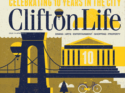 Clifton Life 10th Anniversary Magazine Cover balloon bicycle bridge bristol city city illustration illustration magazine print tree