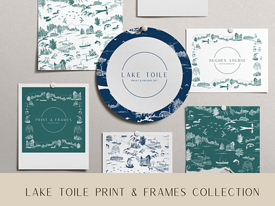 Lake Toile de Jouy Tiled Seamless Repeat Pattern & Frames