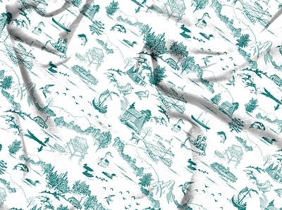 Lake Toile de Jouy Tiled Seamless Repeat Pattern & Frames estampa fabric design fashion green and white illustration lake house landscape pattern nature pattern pattern print repeat repeating surface pattern design textile design toile de jouy toile pattern toile print traditional style vintage illustration vintage pattern