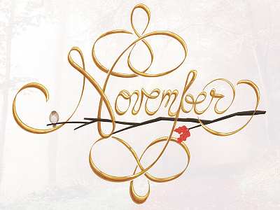 November bird branch fall gold leaf leaves oak type typography