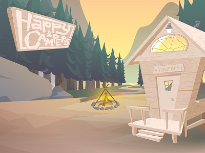 Happy Campers cabin camp campers cartoon fire happy kids lake mountain pine trees