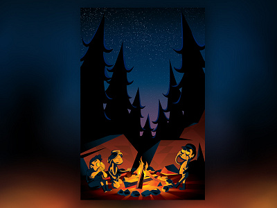 Happy Campers Poster cabin camp campers cartoon fire happy kids lake mountain pine trees