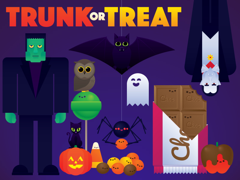 Trunk Or Treat ghost corn cat spider vampire dracula frankenstein owl candy bat halloween