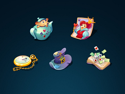 Icons set for Alice in Wonderland alice book cards clock game hat icon illustration illustrator queen teapot wonderland
