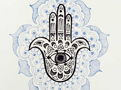 Hamsa Sketch evil eye hamsa hand illustration lavender pen and ink petals sketch