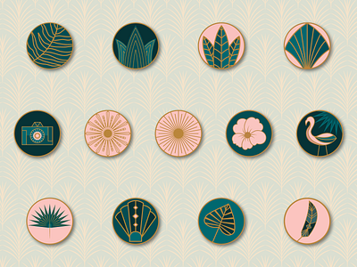 Tropical Art Deco Logo Set adobe ilustrator art deco art nouveau branding gold green icon logo pink premade logos stained glass stickers tropical vector vintage