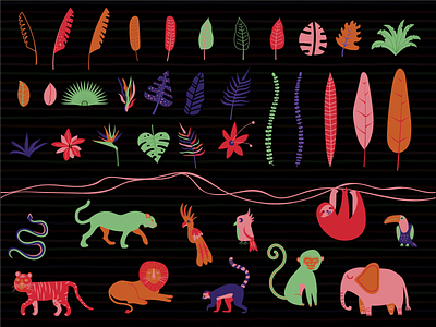Night in the Jungle - Illustrations and Patterns adobe ilustrator animals animals logo clipart colorful icons illustration jungle jungle animals jungle plants kids neon plants tropical tropical leaves