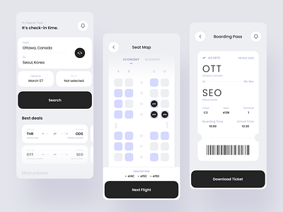 Flight Booking App app design barcode booking booking app dark dark purple design flight flight booking grey interface minimal mobile mobile app purple seat map ticket trends ui white