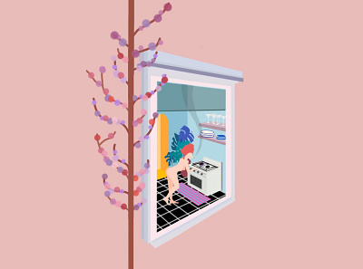 windows project \ chillin flat home illustration illustration kitchen woman