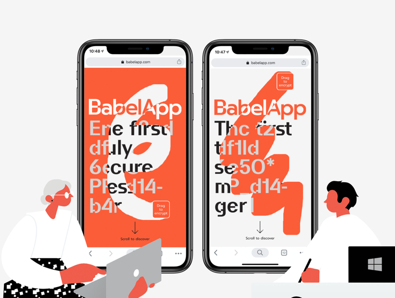 Babelapp - Encrypted communication tool branding canvas character decryption design encrtption graphic design illustration interactive minimalistic typography ui uidesign web webdesign website