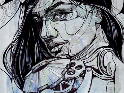 Biomechanical woman biomechanics black and white graphics illustration ink lines woman