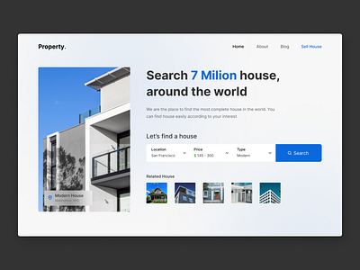 Find and Buy house around the world - Property. blue blur buy corner design future home house landing page marketplace million modern property search sell shop simple ui website world