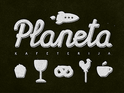 Planet cafe logo and identity. WIP cafe cafeteria icon identity illustration logo mark pie rocket wine