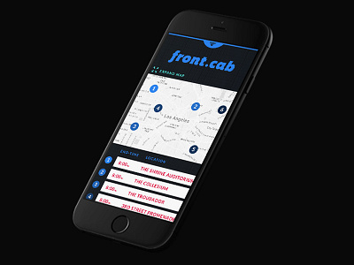 front.cab app black blue branding interface list map mobile ui