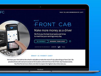 Front Cab Website app app design blue landing page logo membership navy onepage rideshare ui web design website