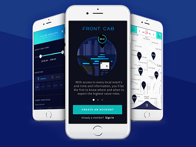 Front Cab app screens account app app design blue create filter gradient map on boarding pin ui ux
