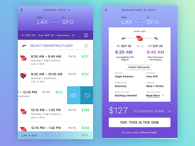 Flight Bookr airplane app comparison detail flight gradient purple schedule shopping times ui