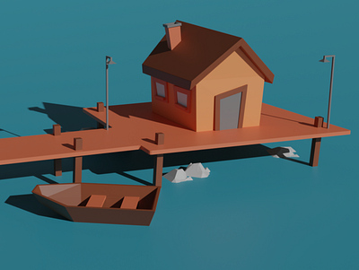 Small cartoon house with boat illustration low poly