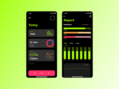 Life Tracker App // Daily UI app black branding dailyui dark mode design focus focus timer graphic design green health minimal sleep tracker step tracker steps timer track tracking ui ux