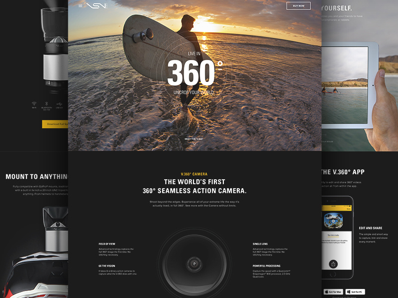 Now Live! V.360° Camera landing microsite dark animation camera video ecommerce black