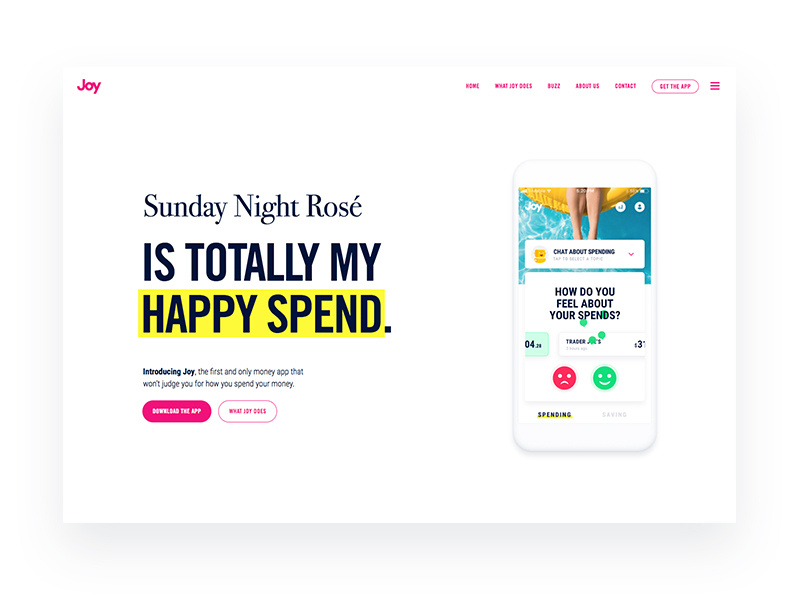 The Website Launch of Joy white minimal clean site app store ios happiness money finance app landing page website