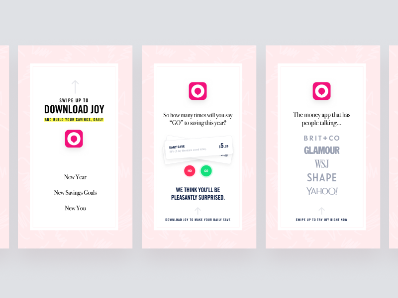 Joy Instagram Stories joy instagram stories app mobile ad advertising iphone money finance fintech pink