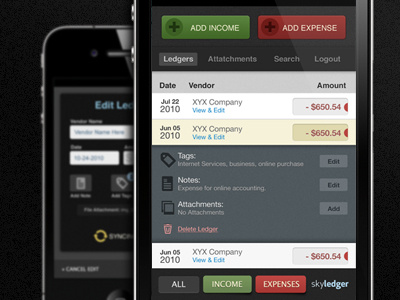 Sky+Drib app bookkeeping dark iphone mobile ui