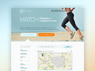 Homepage "MATCH" blue filter homepage lifestyle map neighborhoods orange runner tan web