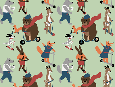 Pattern for children clothes animals children clothing digitalart illustration kick scooter pattern spring