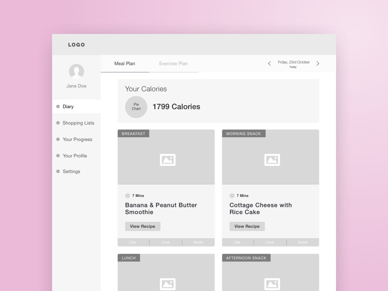 Back To My Body | Dashboard Diary Wireframe dashboard layout grid meal card diary web app wireframe ux