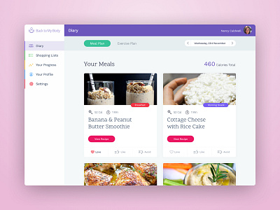 Back To My Body | Dashboard Diary card dashboard design fitness icon meal ui ux web
