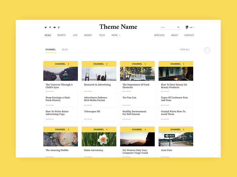 SME Theme | Animation of Blog/Channel Tab animation card hover interaction interface panel principle social theme ui ux