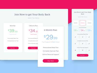 Back To My Body | Pricing Page Responsive diet interface layout mobile mvp plan pricing responsive ui website