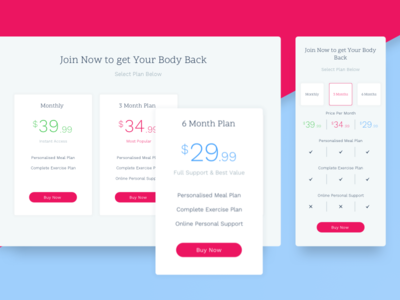 Back To My Body | Pricing Page Responsive diet interface layout mobile mvp plan pricing responsive ui website