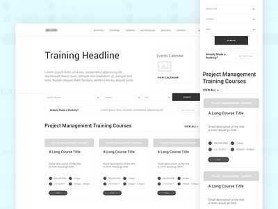 Project Management Consultancy | Training Page UX Wireframe cards design layout pm process project management structure ux wireframe