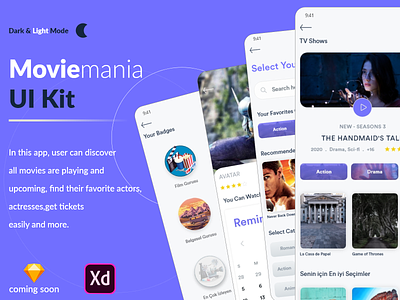 Moviemania App UI Kit adobe xd app design assets dark design designers icons ios design photoshop sketch ui kit ui kits ui templates ux design