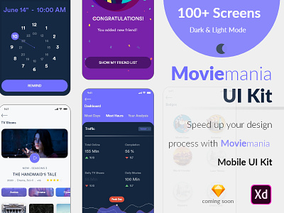 Moviemania App UI Kit adobe xd app design assets design designers icons ios design photoshop sketch ui kit ui kits ux design