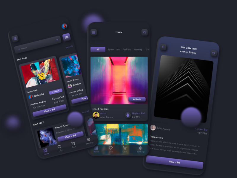 NFT Auction Mobile App UI app auction auction app bitcoin crypto crypto app cryptocurrency dark mode doge glassmorphism graphic design ios mobile app neumorphism nft nft app trade ui ui design ux