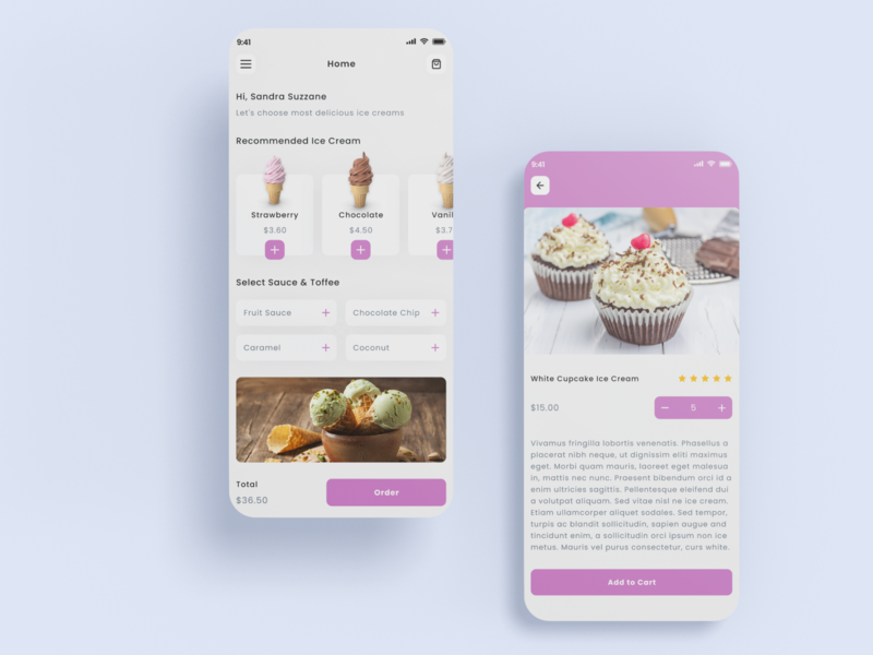 Ice Cream App UI app application branding chocolate clean ui design icecream illustration logo strawberry ui ux vanilla vector