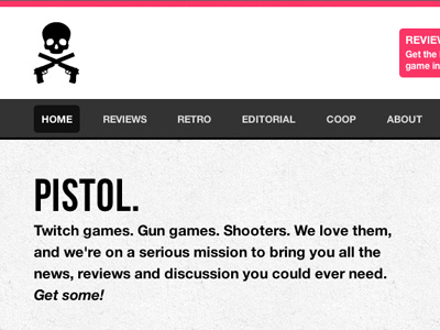 Gaming Blog Header blog gaming gray grey header logo magenta navigation pistol shooter skull website