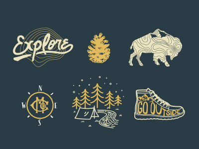 Camping Icons. bison camp camper explore icon illustration map pine