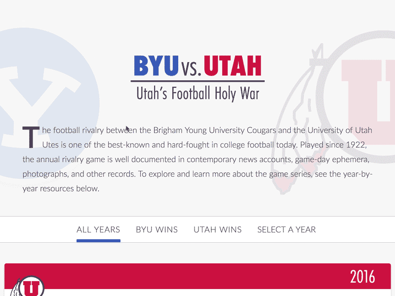 BYU vs. Utah Online Exhibit Site django html scss visual design