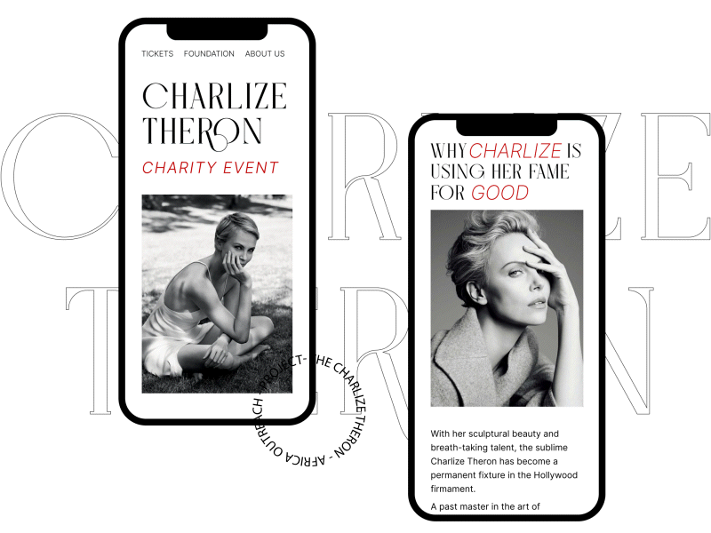 Charlize Therone Charity Event Mobile blackwhite charity design donation landing minimal mobile ui webdesign website