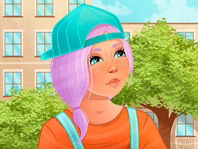 Girl in a cap art character drawing dribble house illustration illustrator painter people illustration tree trees