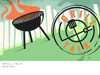 Grill Talk badge charcoal fence fire grass grill. hot handtype illustration summer talk type