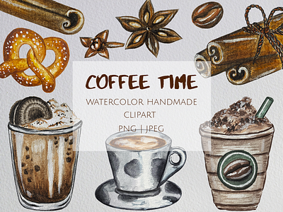 Watercolor clipart. Coffee Time appetizing clipart