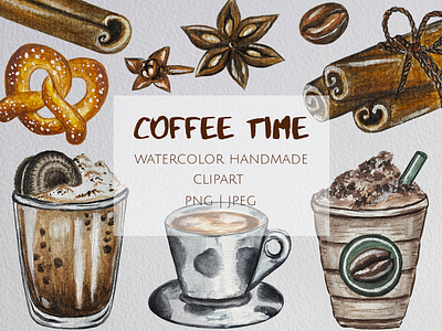 Watercolor clipart. Coffee Time